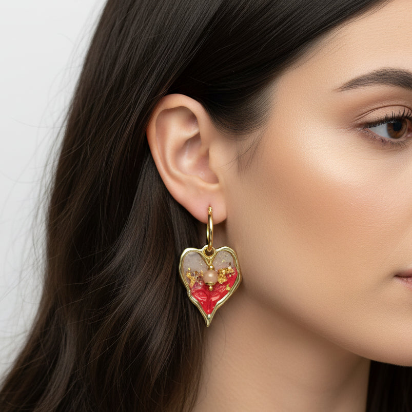 Boucles d'oreilles Valentine, pierre de lune, argile polymère, pièce unique