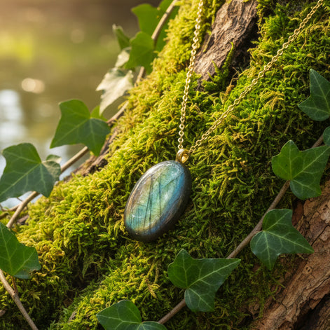 Collier doré et pierre de labradorite extra