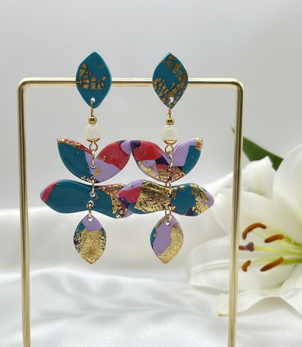 Boucles d'oreilles colorée, pierre de lune, polymère