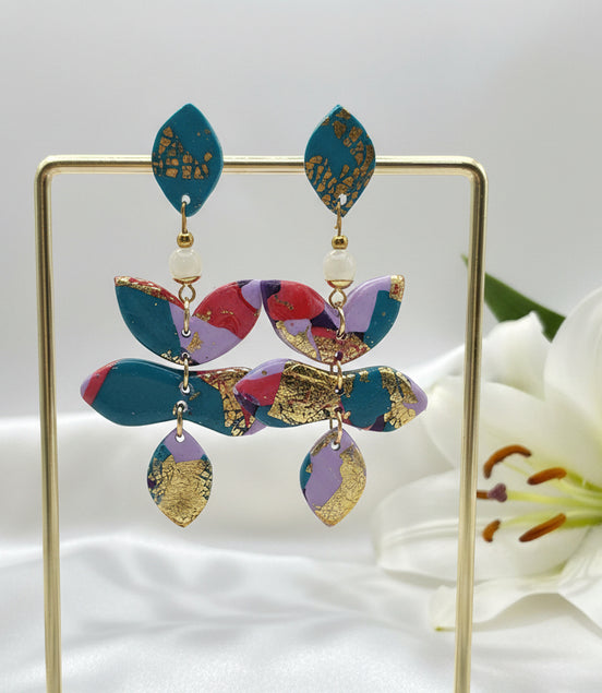 Boucles d'oreilles colorée, pierre de lune, polymère