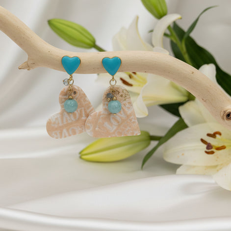 Boucles d’oreilles coeur turquoise doré, amazonite et coeur en polymère
