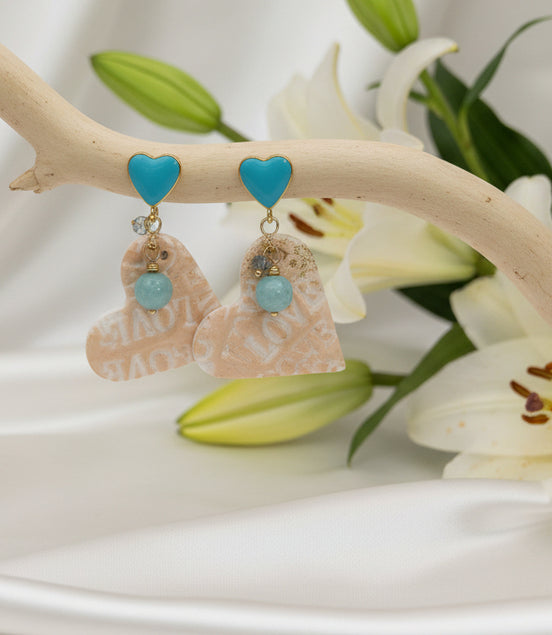 Boucles d’oreilles coeur turquoise doré, amazonite et coeur en polymère