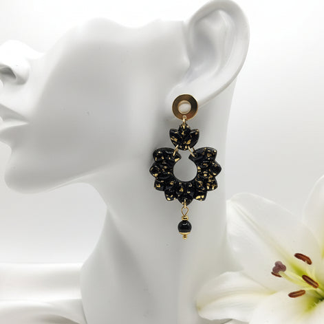 Boucles d'oreilles noire et or et tourmaline noire