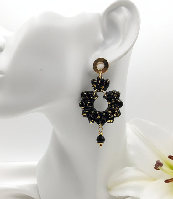 Boucles d'oreilles noire et or et tourmaline noire