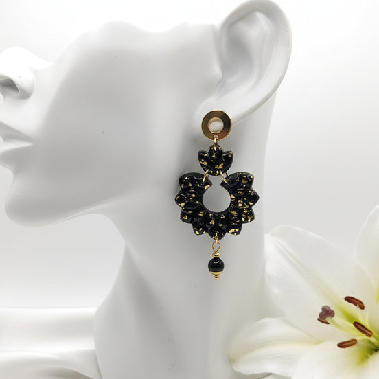 Boucles d'oreilles noire et or et tourmaline noire