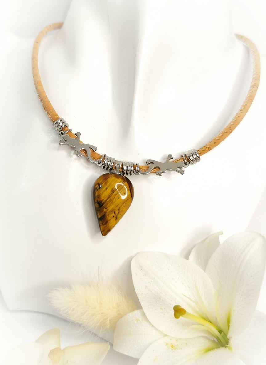 Collier gardien solaire en liège et oeil de tigre