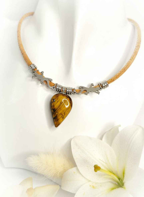 Collier gardien solaire en liège et oeil de tigre