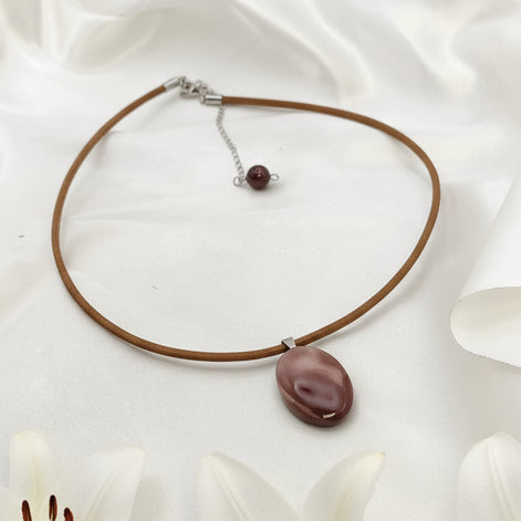 Collier Jaspe Mokaïte violette, Collier cuir naturel et pierre naturelle