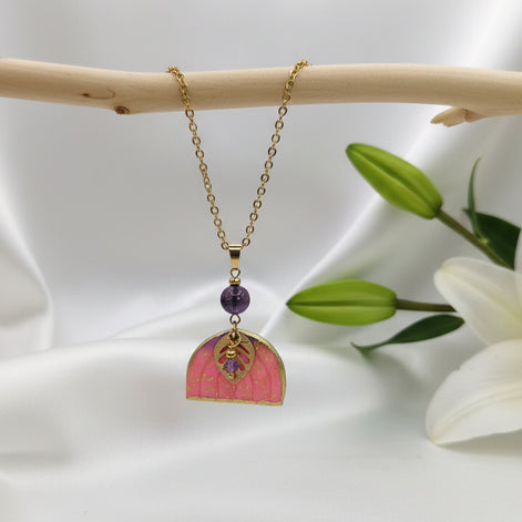 Collier doré, améthyste & arc en ciel polymère