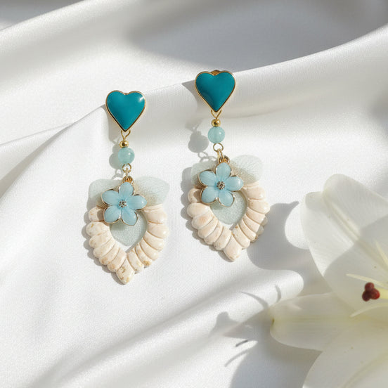 Boucles d’oreilles turquoise doré, amazonite, polymère, fleur