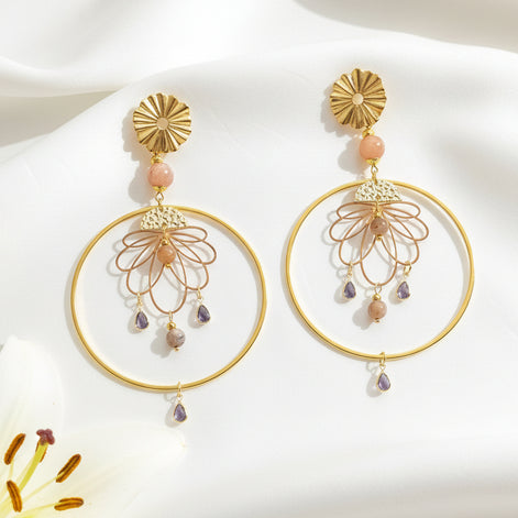 Boucles d'oreilles dorées, esmeralda, pierre de lune, acier inoxydable, 10cm