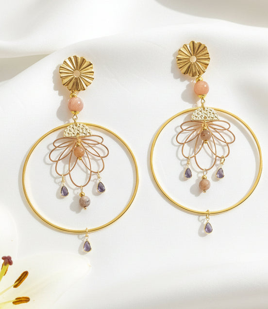 Boucles d'oreilles dorées, esmeralda, pierre de lune, acier inoxydable, 10cm