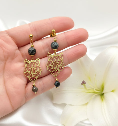 Boucles d'oreilles doré "Esprit du Loup"Merlinite, améthyste, labradorite