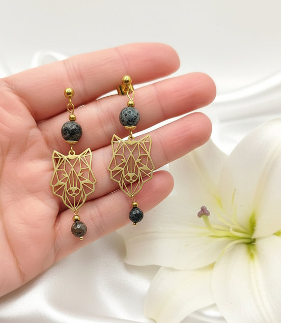 Boucles d'oreilles doré "Esprit du Loup"Merlinite, améthyste, labradorite