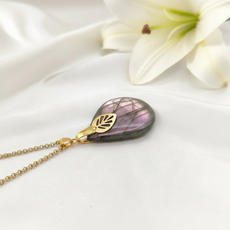 Collier doré labradorite rose et orangé, bijou réversible