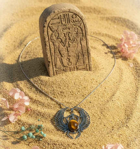 Collier scarabée khépri et labradorite larvikite ou oeil de tigre