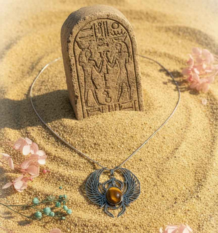 Collier scarabée khépri et labradorite larvikite ou oeil de tigre