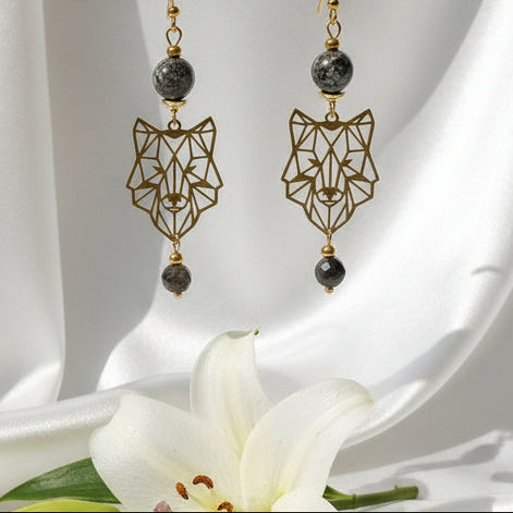 Boucles d'oreilles doré "Esprit du Loup"Merlinite, améthyste, labradorite