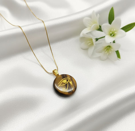 Collier doré et oeil de tigre doré, Métatron, horus, simple