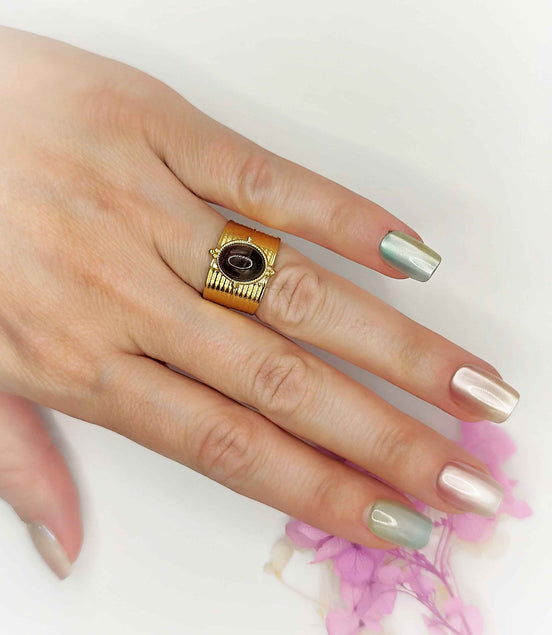 Bague ajustable en oeil de tigre et acier inoxydable