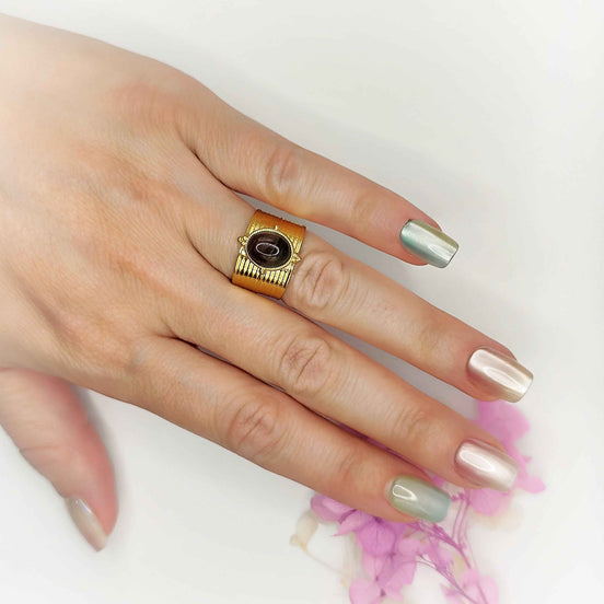 Bague ajustable en oeil de tigre et acier inoxydable