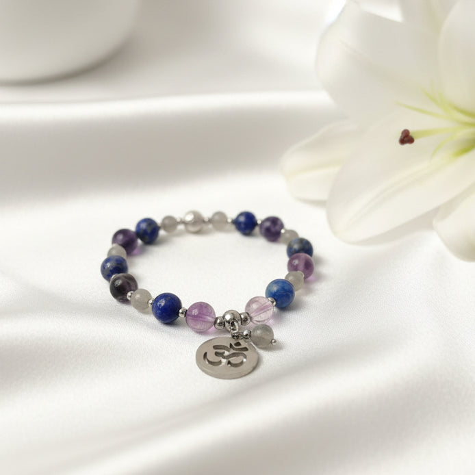 Bracelet éveil de conscience en pierre de Labradorite, fluorite et lapis lazuli, sur mesure