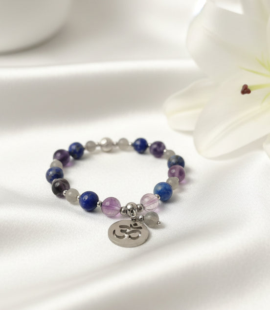 Bracelet éveil de conscience en pierre de Labradorite, fluorite et lapis lazuli, sur mesure