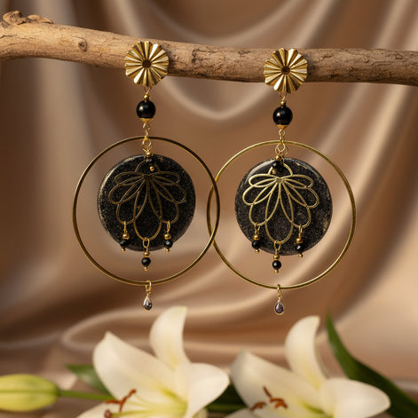 Boucles d'oreilles Esméralda noire et or et tourmaline noire
