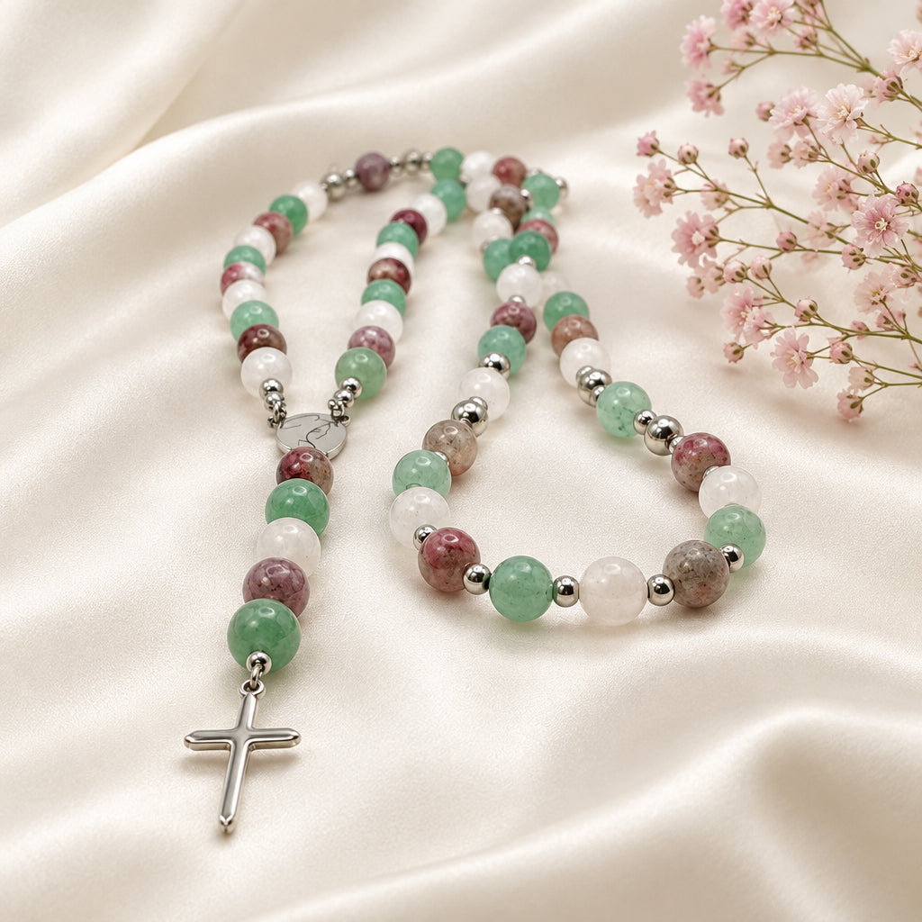 Chapelet sacré Amour de Marie en pierres de quartz rose, aventurine verte et tourmaline rose
