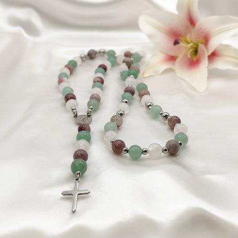 Chapelet sacré Amour de Marie en pierres de quartz rose, aventurine verte et tourmaline rose + soin rayon sacré rose de l'amour