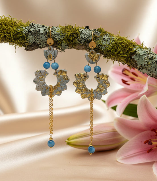 Boucles d’Oreilles Rosa Apatite en doré et chainettes