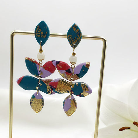 Boucles d'oreilles colorée, pierre de lune, polymère